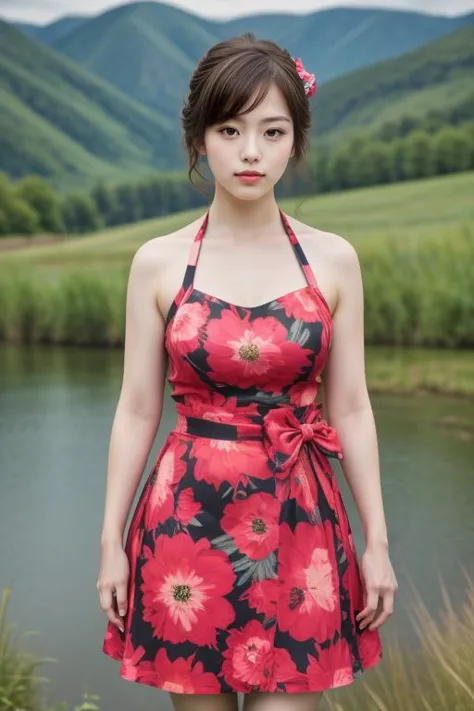 a woman in a red dress standing next to a body of water