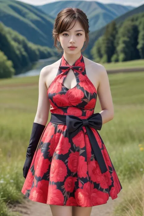 1woman, realistic, masterpiece, full body shot, scenic view
waist bow dress, elbow gloves, halter dress, floral print
<lora:Halt...