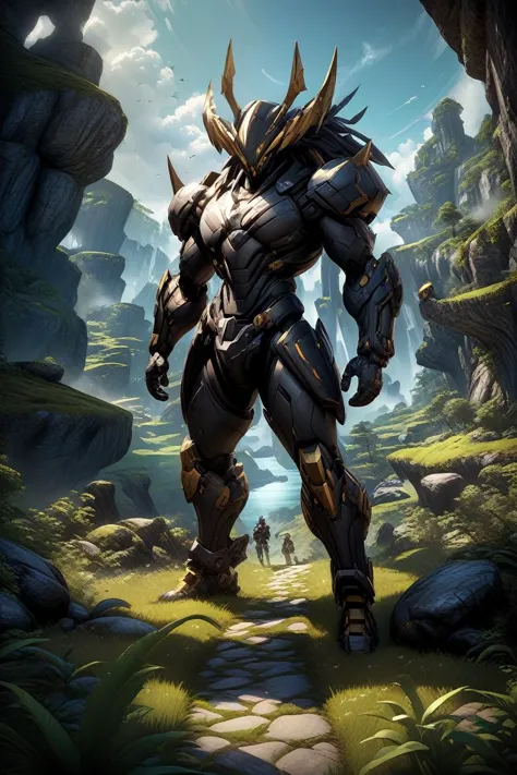 a man in armor standing in a forest with a giant monster