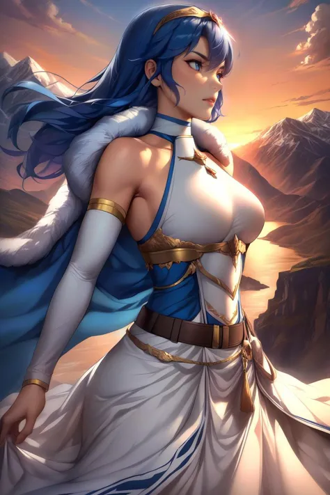 masterpiece, best quality, solo, 1girl <lora:lucina-xl-nvwls-v1-000008:1> exLucy, tiara, blue cape, fur trim, white dress, belt, detached sleeves, sunset, mountains, cliff, looking to the side, serious