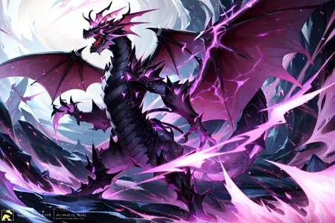 black_scales blurry claws depth_of_field dragon dragon_horns dragon_tail dragon_wings electricity glowing glowing_eyes glowing_mouth horns multiple_horns multiple_wings nasuno_posi no_humans official_art orb red_horns sharp_teeth tail teeth wings ((purple lighting strikes))