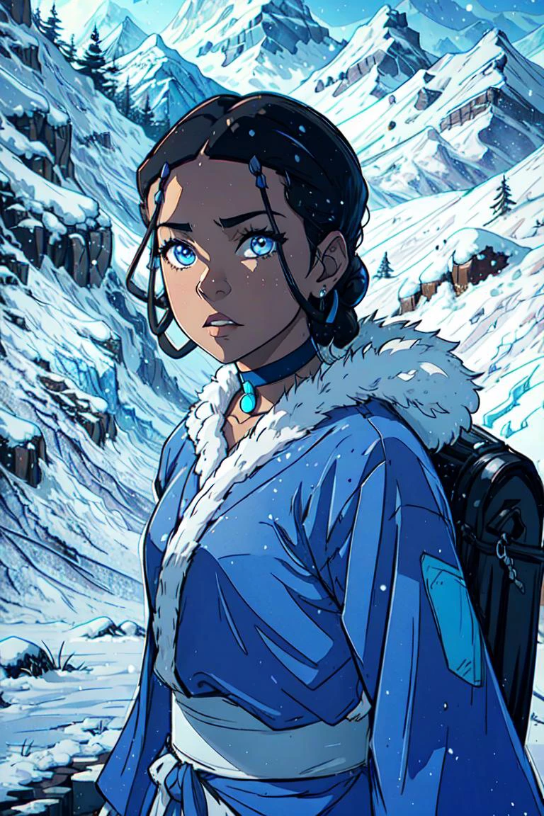 (katara:1.2), dark skin, dark-skinned female, blue eyes, brown hair, (braid:1.2), choker, (blue outfit, blue robe), snowing, snowy background, winter (realistic:1.2), (masterpiece:1.2), (full-body-shot:1),(Cowboy-shot:1.2), neon lighting, dark romantic lighting, (highly detailed:1.2),(detailed face:1.2), (gradients), colorful, detailed eyes, (detailed landscape:1.2), (natural lighting:1.2),(detailed background), detailed landscape, (dynamic pose:1.2), (solo, one person, one subject:1.5),  