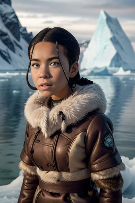 masterpiece, best quality, 1girl, katara, waterbending, toned, dark skin, braid, fur coat, jewelry, looking at viewer, upper body, iceberg background, sea, arctic, (blue eyes:0.6) <lora:KataraV2:1>  <lora:add_detail:0.8>