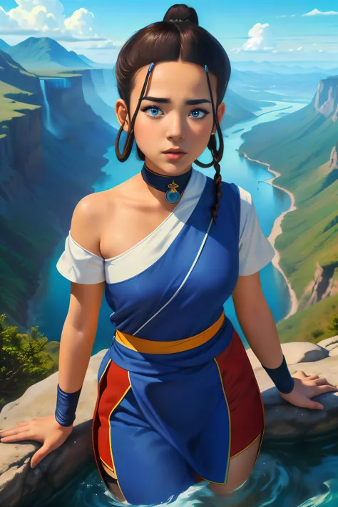 ((masterpiece)), ((best quality)), (detailed), thick brush painting of Katara, brown hair, looking at viewer, darker skin, (detailed face), blue eyes, skinny, small breasts, (wearing a water bending outfit), suggestive pose, (on a mountaintop, overlooking a beautiful nature scenery, rivers flowing into the ocean, waterfalls, forest), front view, 3/4 body view, close-up, perfect anatomy, 32k UHD resolution, best quality, highres, brilliant, vibrant, vivid color, highest detailed, stunning composition, hyper emotional, symmetrical,   <lora:KataraV2:.7>