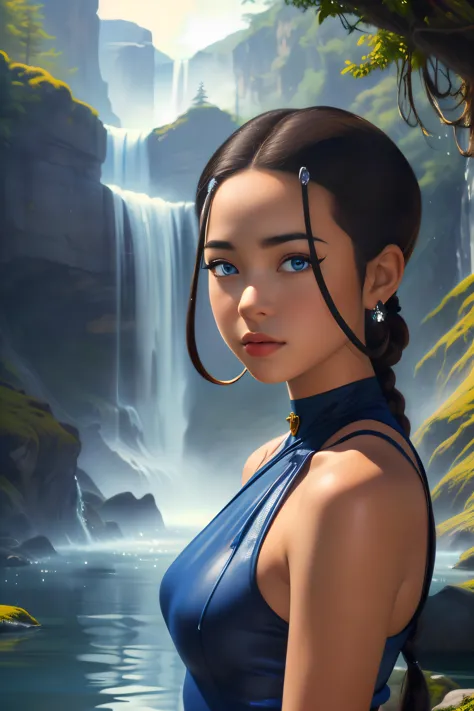 ((masterpiece)), ((best quality)), (detailed), thick brush painting of Katara, brown hair, looking at viewer, darker skin, (detailed face), blue eyes, skinny, small breasts, (wearing a water bending outfit), suggestive pose, (on a mountaintop, overlooking a beautiful nature scenery, rivers flowing into the ocean, waterfalls, forest), front view, 3/4 body view, close-up, perfect anatomy, 32k UHD resolution, best quality, highres, brilliant, vibrant, vivid color, highest detailed, stunning composition, hyper emotional, symmetrical,   <lora:KataraV2:.7>