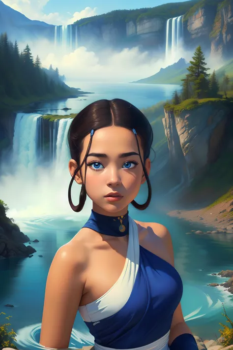 ((masterpiece)), ((best quality)), (detailed), thick brush painting of Katara, brown hair, looking at viewer, darker skin, (deta...