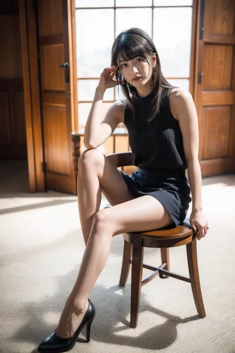 1girl,solo,looking at viewer,skirt,high heels,black hair,sitting,sleeveless,black footwear,looking at viewer,long hair,shirt,blue shirt,indoors,brown skirt,full body,bangs,sleeveless shirt,window,
best quality,masterpiece,illustration,an extremely delicate and beautiful,CG,unity,8k wallpaper,Amazing,finely detail,masterpiece,official art,extremely detailed CG unity 8k wallpaper,incredibly absurdres,huge filesize,ultra-detailed,highres,extremely detailed,beautiful detailed girl,realistic,light contrast,<lora:Yokoyama Yui:0.8>,