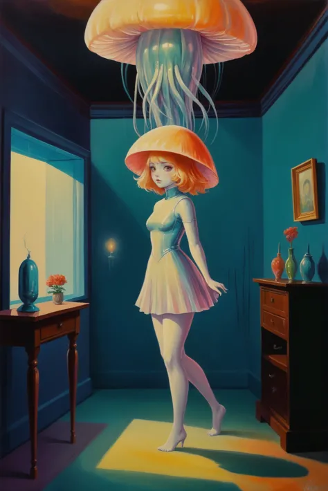 a painting of a woman in a dress and hat standing in a room