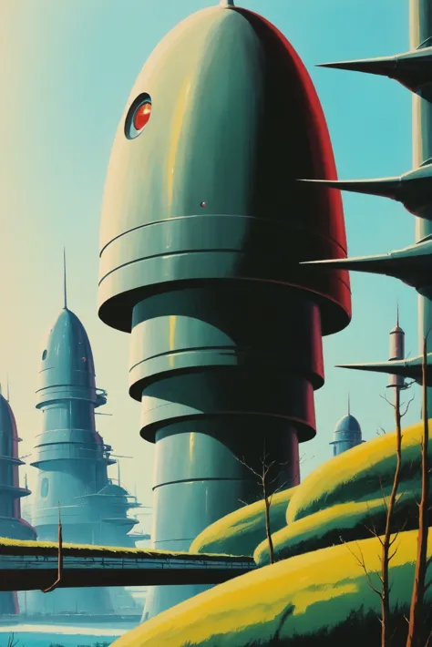 painting of a futuristic city with a giant fish in the middle