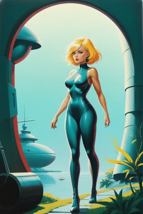 a woman in a blue bodysuit standing in front of a spaceship