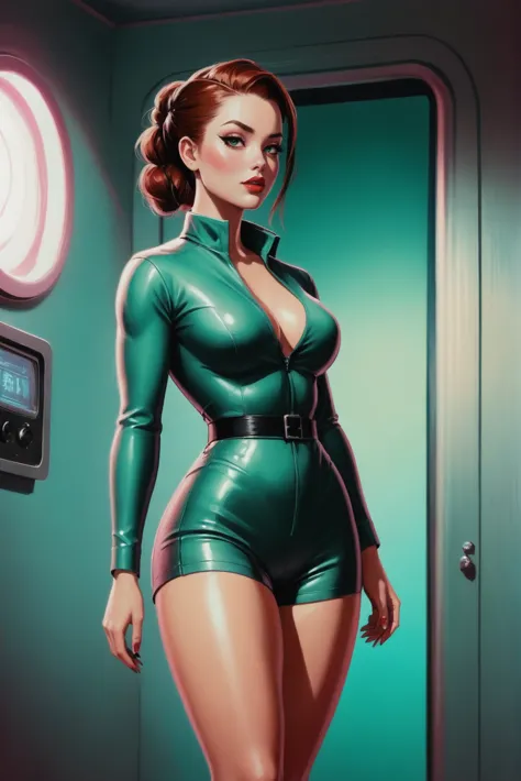 a woman in a green latex outfit standing in front of a door