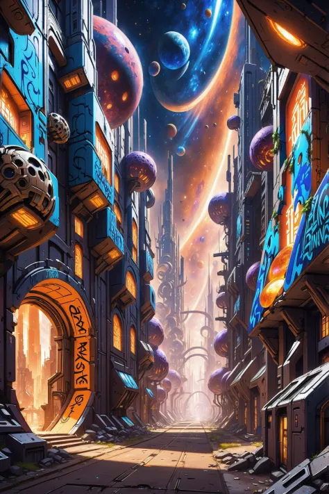 a futuristic city with a giant clock tower and a giant planet in the background