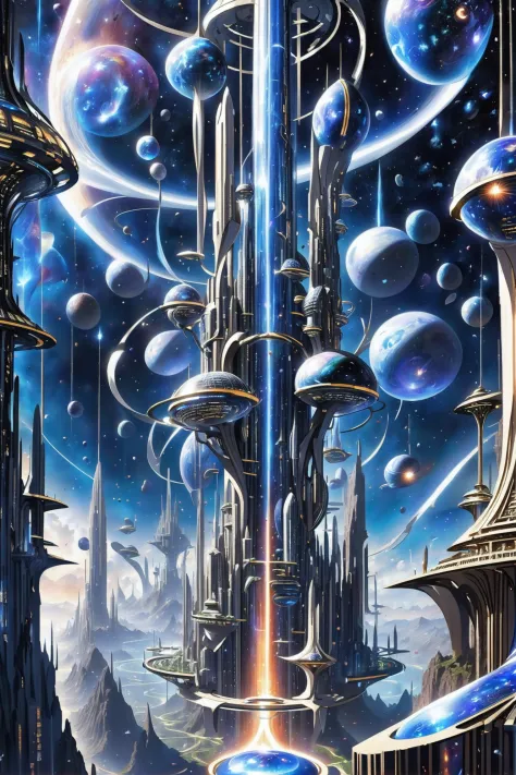 a painting of a futuristic city with a giant tower surrounded by planets