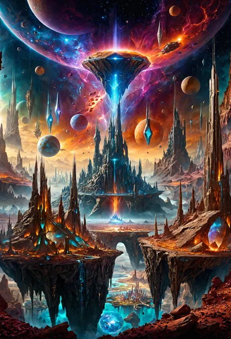 a painting of a futuristic city with a spaceship flying over it