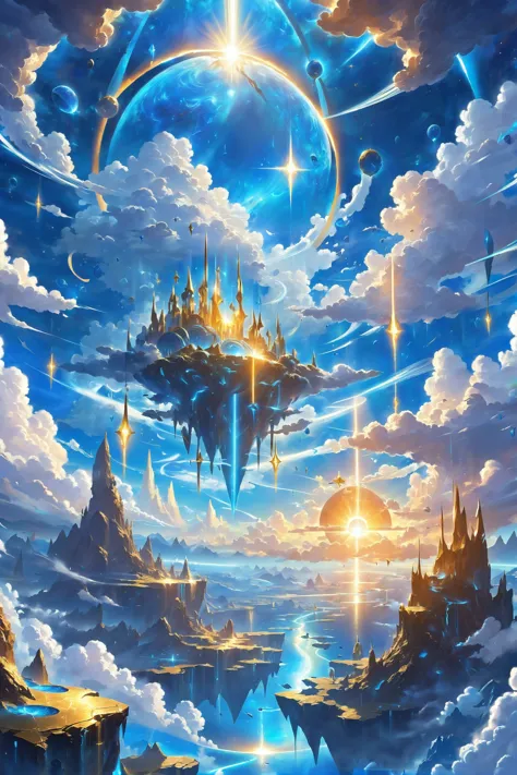 a painting of a fantasy landscape with a castle in the sky