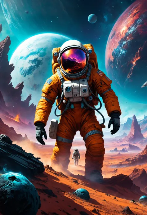 a man in an astronaut suit walking through a desert with planets in the background