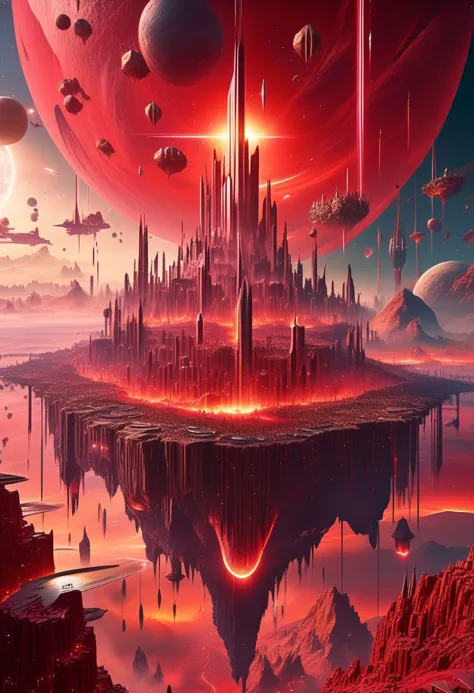 a red planet with a city on a floating island surrounded by planets