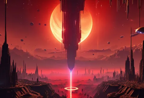 a red and black sci - themed scene with a giant red star in the distance