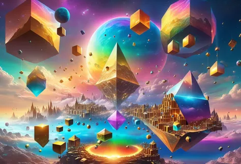 rainbow colored sky with many cube shaped moons in a panoramic view from a flying pirate ship, masterpiece, best quality, hyper detailed, ultra detailed, ultra high definition, 8k, unreal engine 5, super sharp focus, intricate masterpiece art, golden ratio, popular on artstation