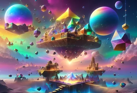 rainbow colored sky with many cube shaped moons in a panoramic view from a flying pirate ship, masterpiece, best quality, hyper detailed, ultra detailed, ultra high definition, 8k, unreal engine 5, super sharp focus, intricate masterpiece art, golden ratio, popular on artstation