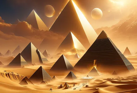 a close up of a desert with pyramids and a sun