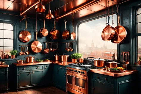 photorealistic, detailed digital illustration of a Dieselpunk Warm kitchen with hanging copper pans,  <lora:EnvyCozyXL01:0.7>,  <lora:xl_more_art-full_v1:0.7>, <lora:EnvyEthescapelXL01:0.7>