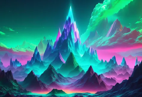 Very bright neon mountain with pastel colors and intricate contrasts, emerald turquoise sky with unreal neon colors clouds in very high resolution, masterpiece, best quality, hyper detailed, ultra detailed, ultra high definition, 8k, unreal engine 5, super sharp focus, intricate masterpiece art, golden ratio, popular on artstation