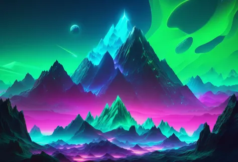 Very bright neon mountain with pastel neon colors and intricate contrasts, emerald turquoise sky with unreal neon colors in very high resolution, masterpiece, best quality, hyper detailed, ultra detailed, ultra high definition, 8k, unreal engine 5, super sharp focus, intricate masterpiece art, golden ratio, popular on artstation