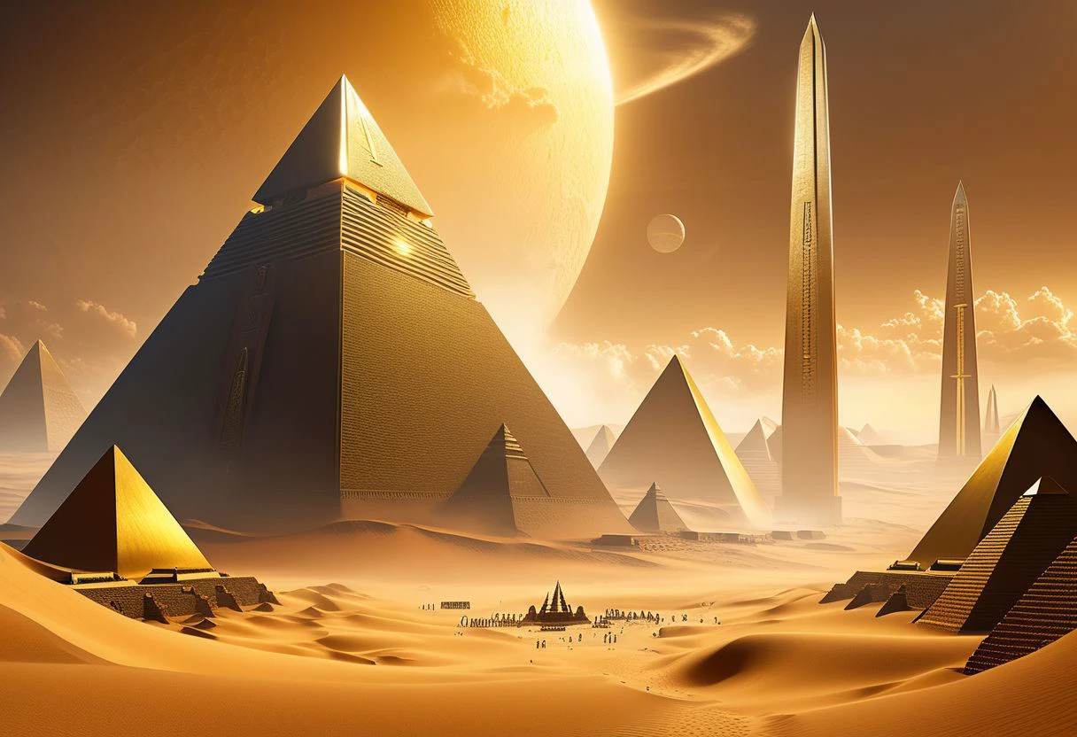 A group of pyramids in a desert with a moon in the background - SeaArt AI