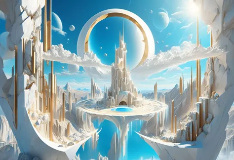 levitating broken white marble citadel in the middle of a bright blue unreal sky in very high definition, broken piecces of architecture and broken pillars levitating randomly in the sky of an epic panoramic view of a white marble citadel masterpiece, best quality, hyper detailed, ultra detailed, ultra high definition, 8k, unreal engine 5, super sharp focus, intricate masterpiece art, golden ratio, popular on artstation