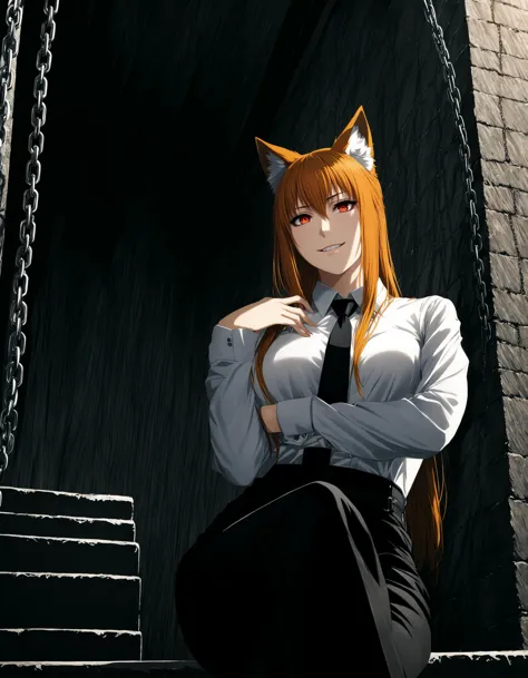 anime girl with orange hair sitting on steps in a dark room