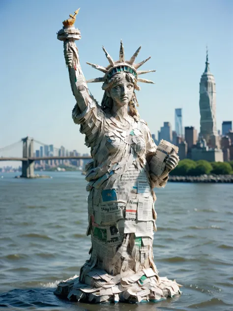 ais-papiermache statue of liberty, full size, nyc in distant background <lora:Papier_Mache_Style_SDXL:1>