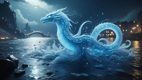 a close up of a dragon on a body of water