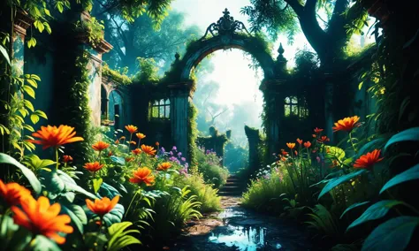 Beautiful detailed digital illustration of a Overgrown garden of forgotten royalty <lora:MJ52:0.7>, <lora:bl4ckl1ghtxl:0.7> bl4c...