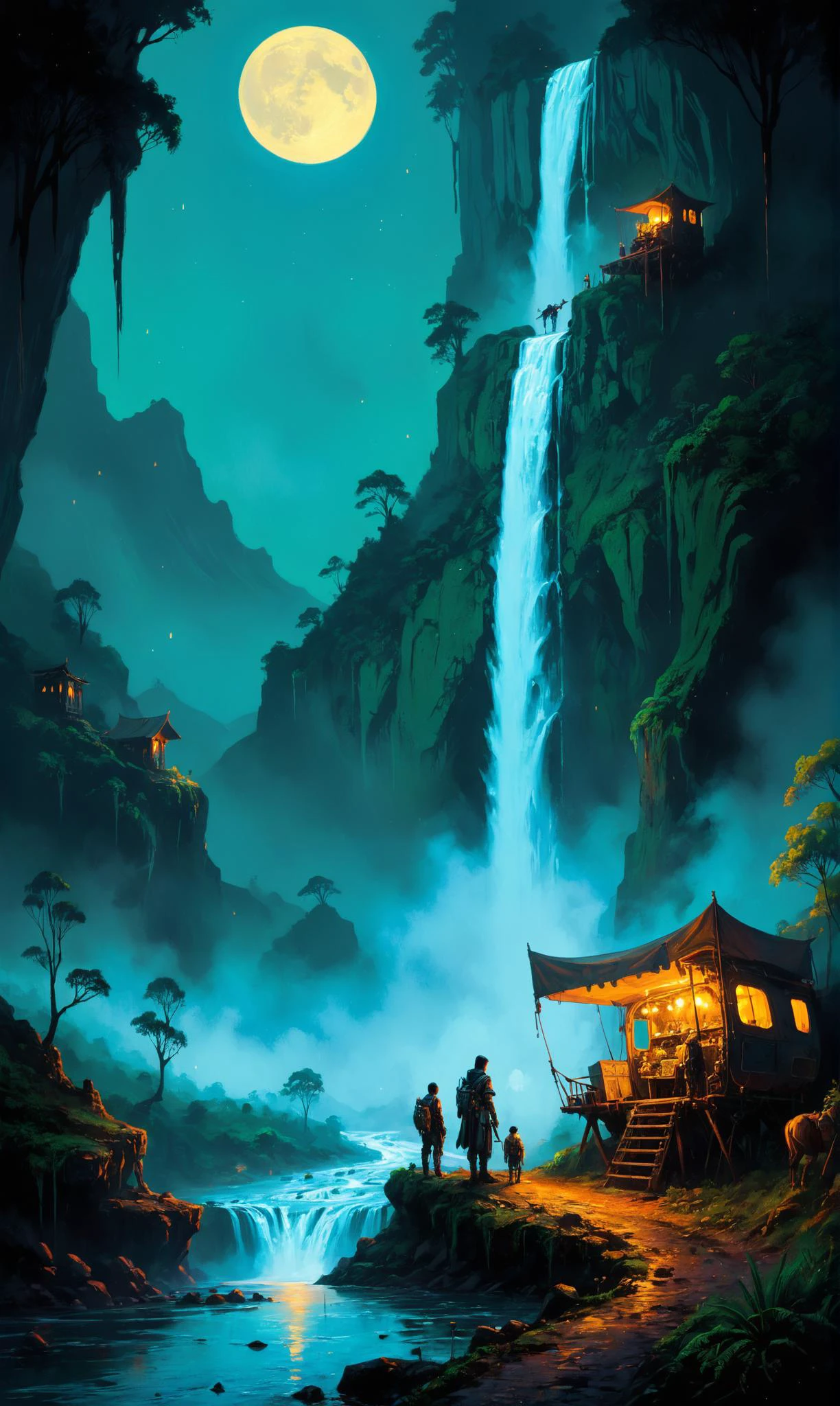 ein Cyberpunk-Nomadenhändler mit Roboterkarawane an einem mystischen Wasserfall in einem mondbeschienenen Tal, ultrafeine digitale Malerei, bl4ckl1ghtxl viktorianischer Stil