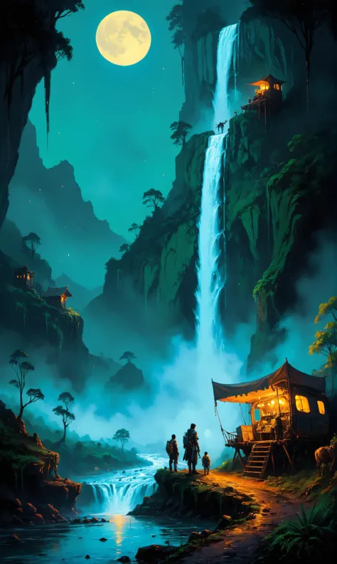 a Cyberpunk nomad trader with robotic caravan at a Mystic waterfall in moonlit valley, ultra-fine digital painting, <lora:xl_more_art-full_v1:0.3>,   <lora:MindWarp:0.7>, <lora:bl4ckl1ghtxl:0.7> bl4ckl1ghtxl <lora:gildedvictoriansxl_v1:0.4> victorianstyle