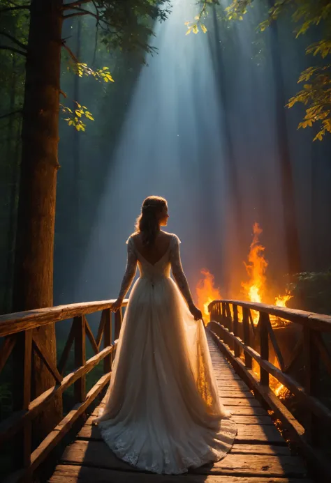 a woman in a wedding dress standing on a bridge in the woods