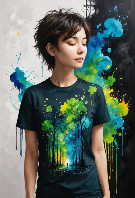 a woman wearing a black shirt with a painting of a forest