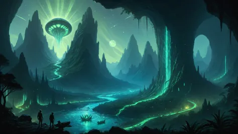 The zavy-rmn ruins of an alien civilization, Bioluminescent rivers weaving through lush valleys in the background,, glow in the dark, bl4ckl1ghtxl, sharp focus  digital painting, concept art, award-winning illustration by Greg Rutkowski, and Sakimichan <lora:zavy-rmn-sdxl:0.8> <lora:RMSDXL_Creative:0.4> <lora:bl4ckl1ghtxl:0.7>