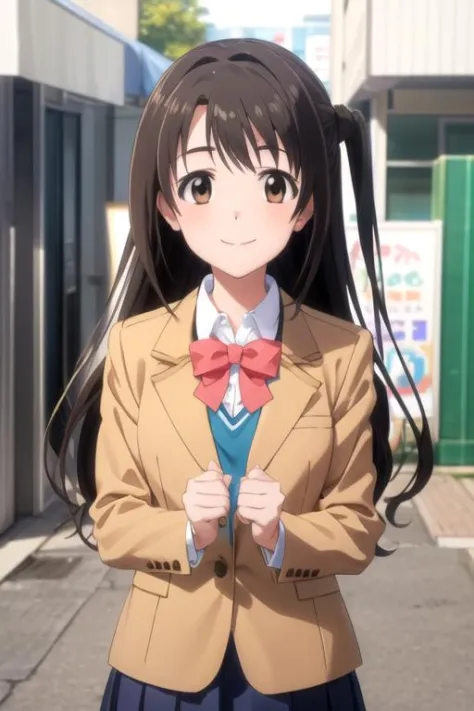 (((pixel-perfect, detail-perfect))), solo, 1girl, <lora:uzuki-idolmaster-01:0.8>, uzuki shimamura, school uniform, blazer, bow, ...