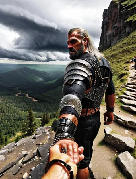 tall buff man in chainmail, facing viewer, scowling, ultra detailed, highres, masterpiece, ((bf_holding_hands)), walking up a cr...