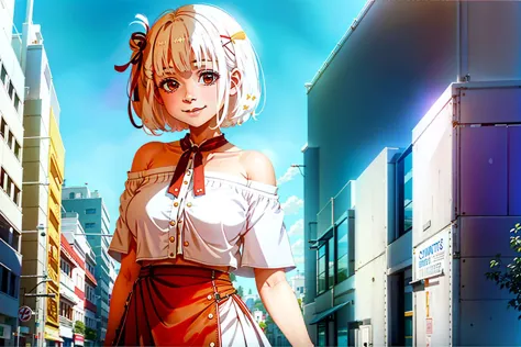 masterpiece, best quality,1girl, solo, bangs, left hair ribbon, (medium breasts:1.4), red eyes, short hair, smile, solo, white hair, (Strapless:1.4), (off-the-shoulder:1.2), (cowboy shot:1.4),  <hypernet:lycorisRecoil_chisato10:0.75>, city, (uniform:1.4), skirt, (white skin:1.4)