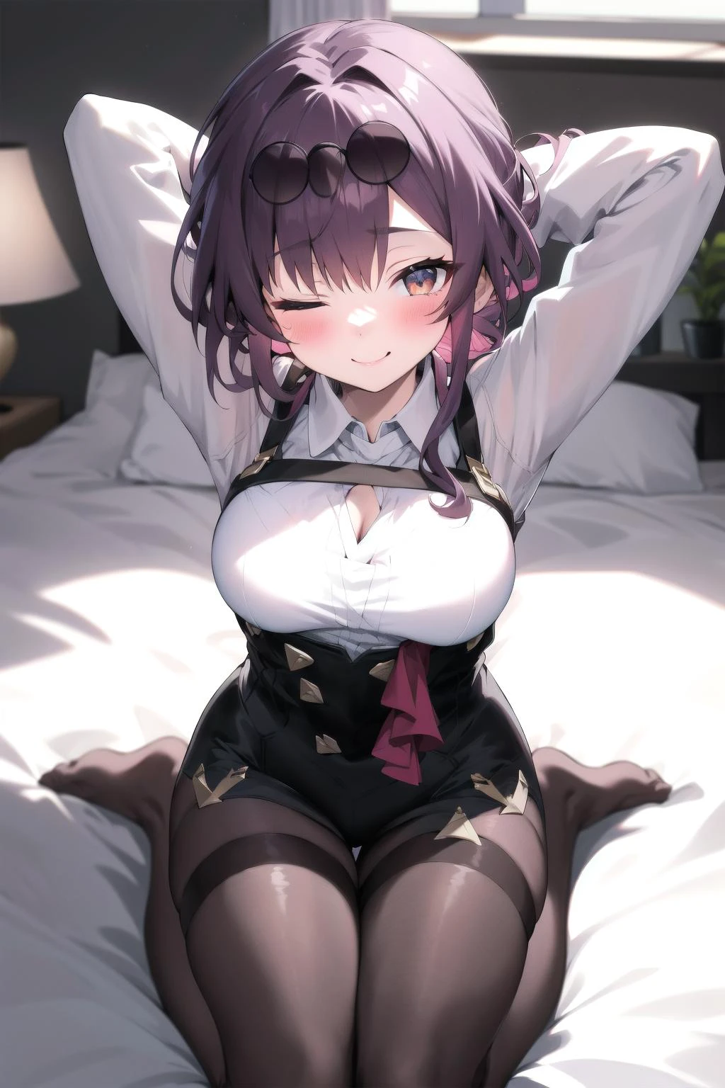 best quality, masterpiece, kafka, 1girl, solo, looking at viewer, blush, sitting, on bed, seductive smile, arms behind head, sunglasses, eyewear on head, collared shirt, seiza, one eye closed, bent over