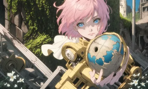 anime girl holding a globe in her hands in a city