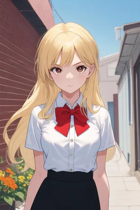 girl, long blonde hair, brown eye, white shirt, in alley, blue sky, flower pot,looking at viewer, black skirt, red bowtie