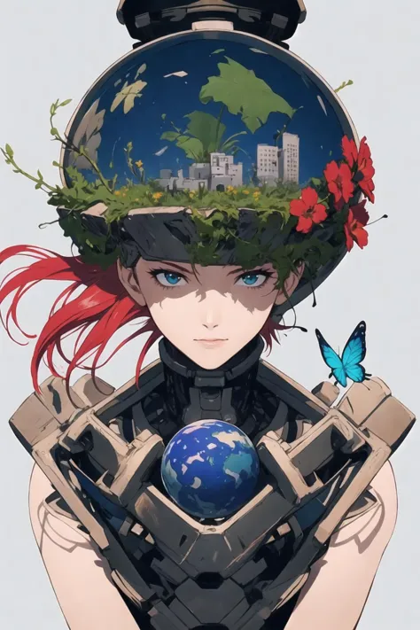 a woman with a helmet and a flower on her head