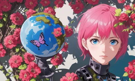 anime girl with pink hair holding a globe in front of a bush of flowers