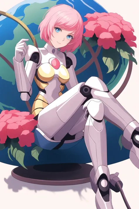 anime girl sitting on a chair with a flower in her hand