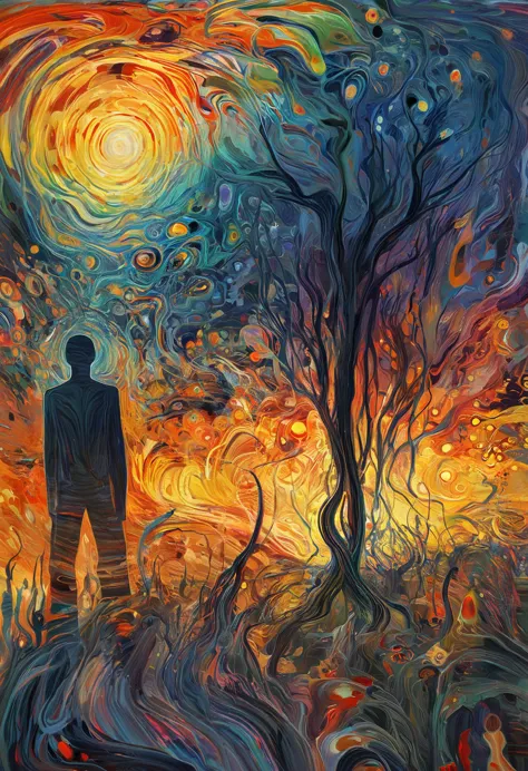 Edvard Munch style oil painting, psychedelic art (drdjns style), a man in a state of delirium, 8k, hdr, masterpiece