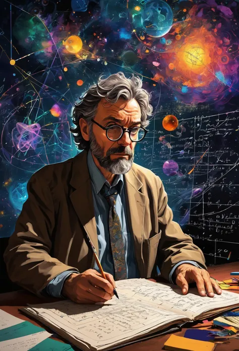 Illustration of a mathematics professor that discovers the foundational equations of the multiverse, formulas, mathematics symbo...